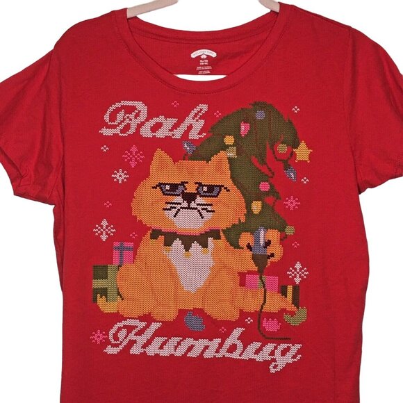 Holiday Time Red Bah Humbug Cat Christmas T-Shirt XL u - Picture 1 of 5